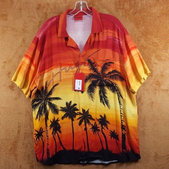 HUGO BOSS Shirt Mens XL Red Sunset Button Up Short Sleeve Hawaiian ELLINO $148 - Picture 2 of 11